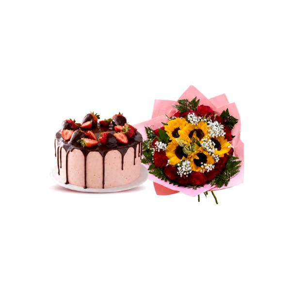 Strawberry cake and sunflower with rose bouquet