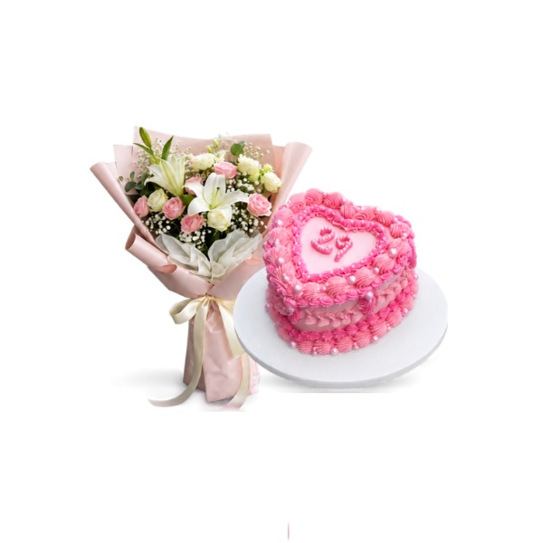 Cake and rose with lily bouquet